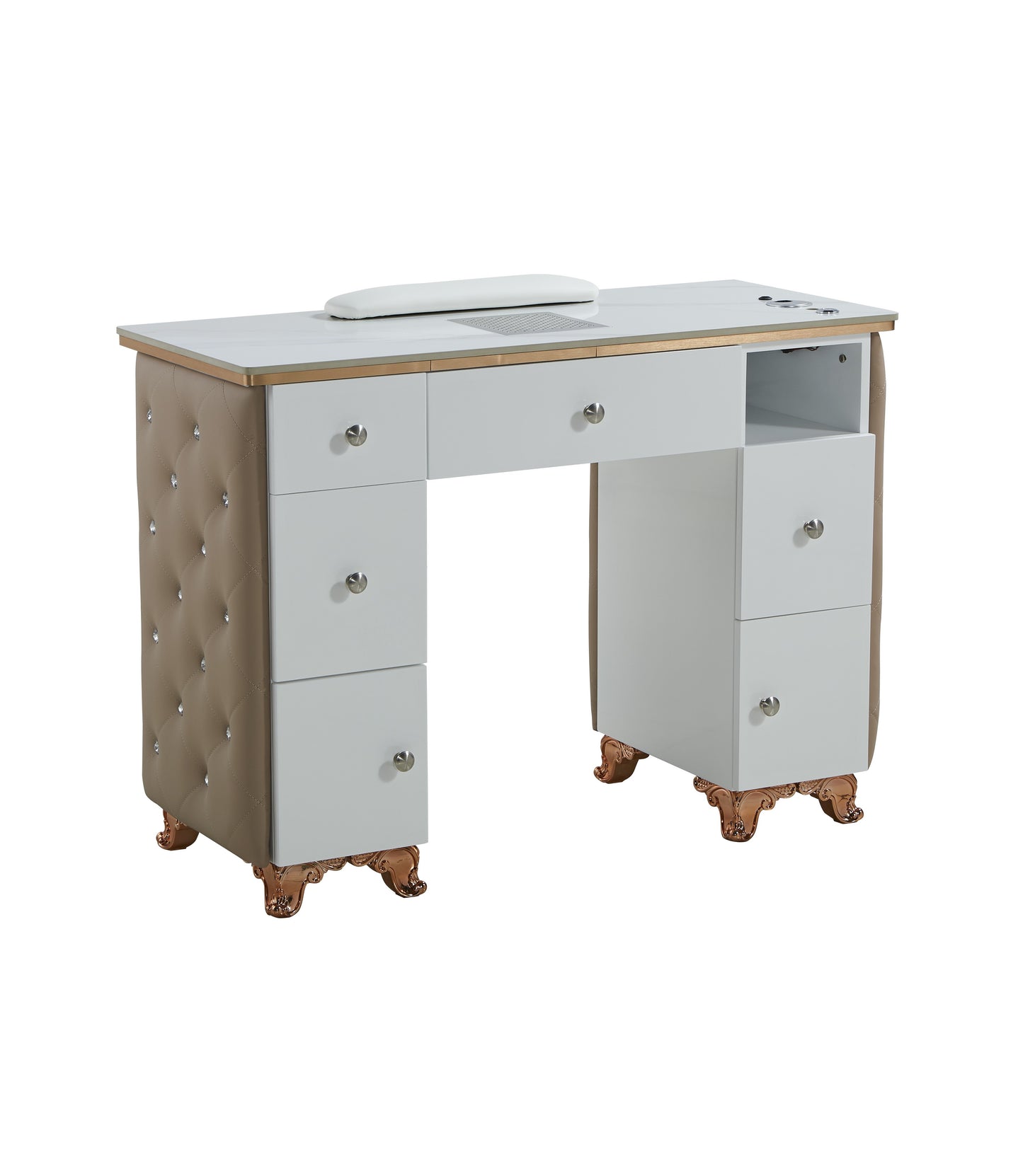 Beige Manicure Table Nail Station with LED lights, Ceramic Marble Top, Dust Collector