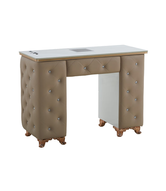 Beige Manicure Table Nail Station with LED lights, Ceramic Marble Top, Dust Collector