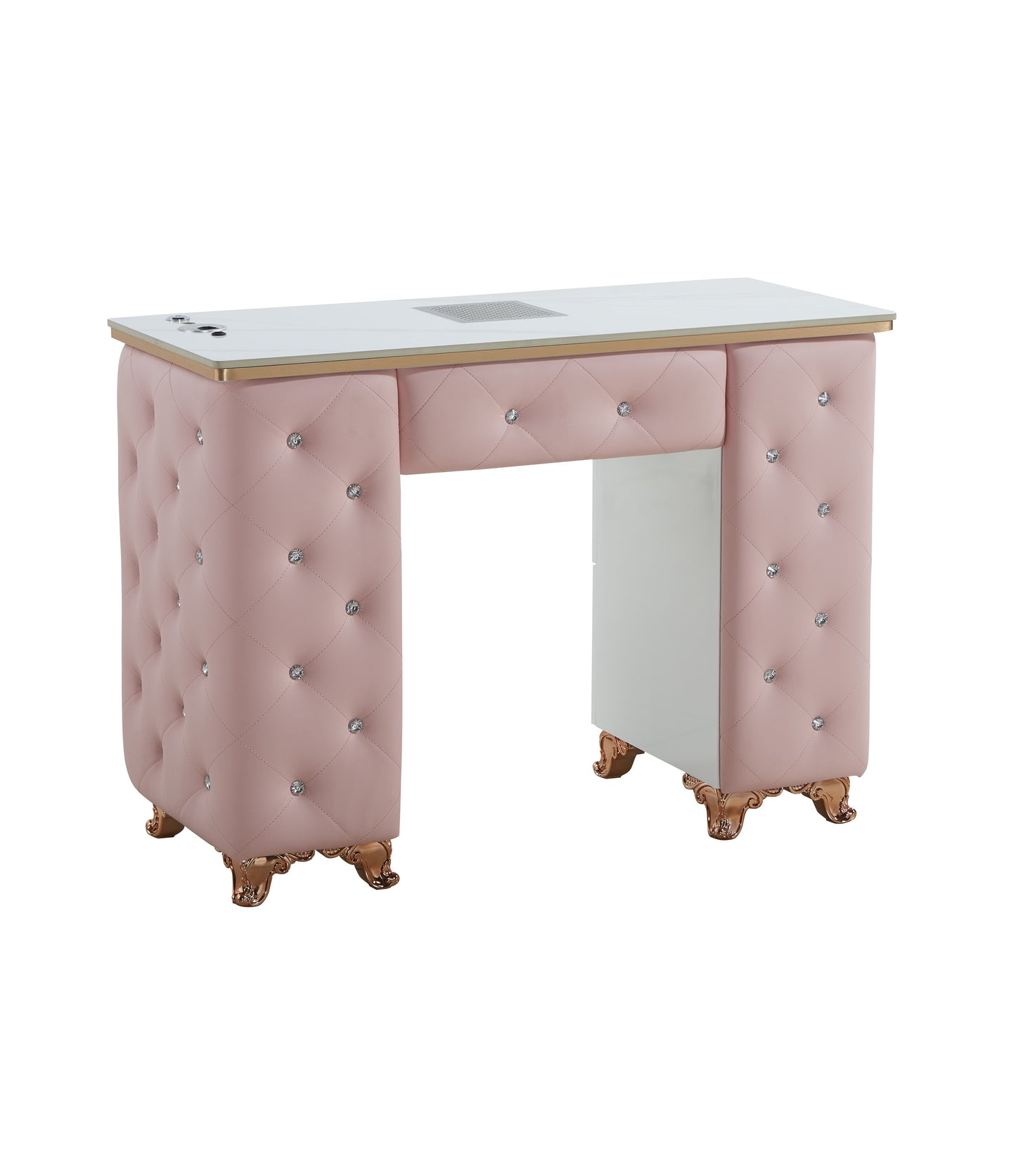 Pink Manicure Table Nail Station with LED lights, Ceramic Marble Top, Dust Collector
