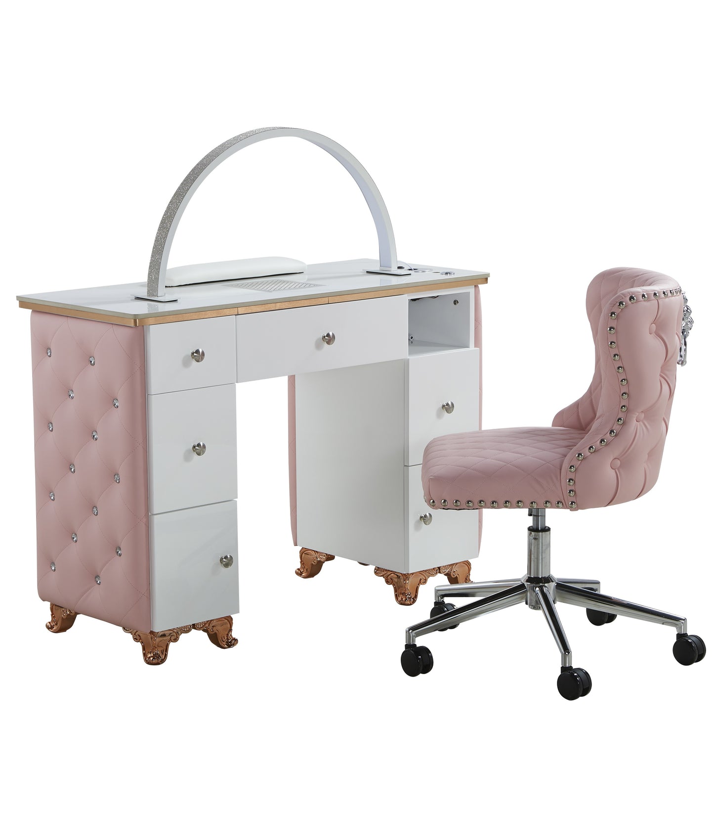 Pink Manicure Table Nail Station with LED lights, Ceramic Marble Top, Dust Collector