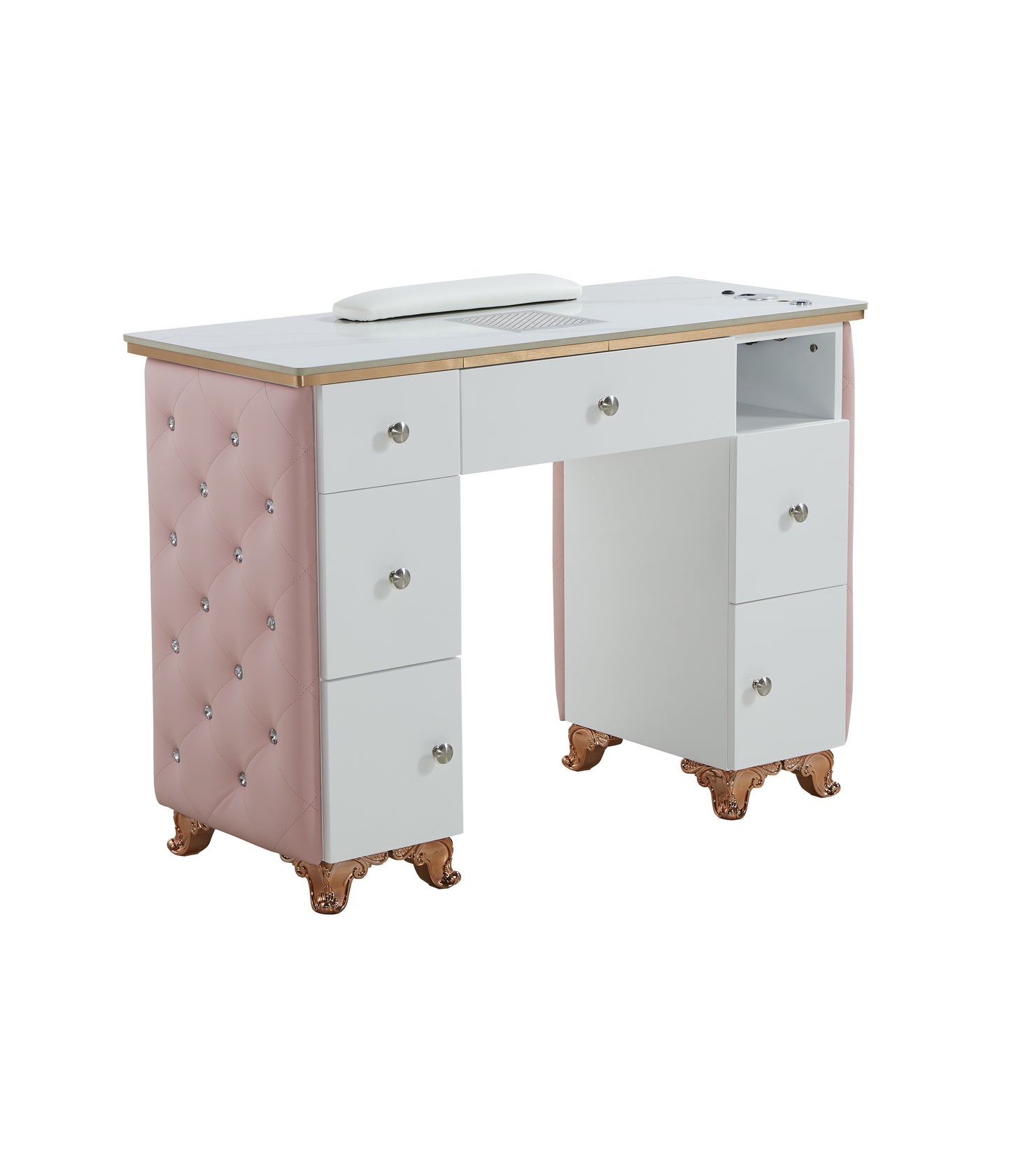 Pink Manicure Table Nail Station with LED lights, Ceramic Marble Top, Dust Collector