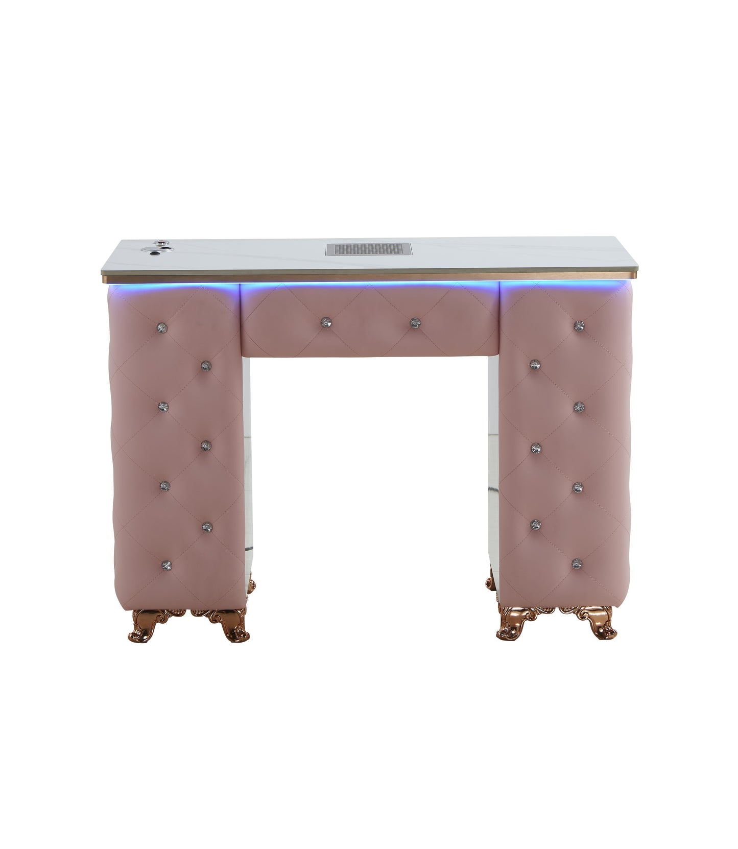 Beige Manicure Table Nail Station with LED lights, Ceramic Marble Top, Dust Collector