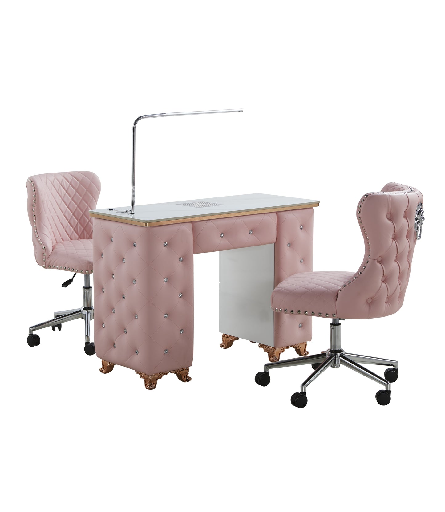 Pink Manicure Table Nail Station with LED lights, Ceramic Marble Top, Dust Collector