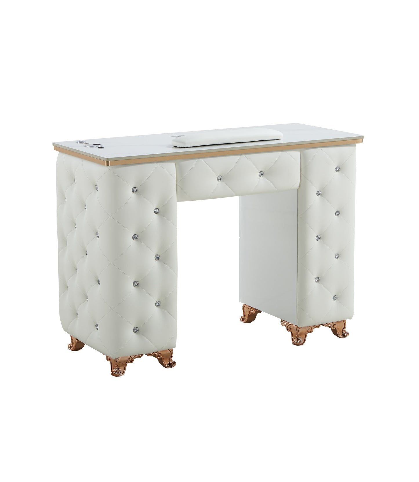White Manicure Table Nail Station with LED lights, Ceramic Marble Top, Dust Collector