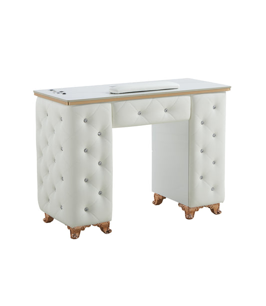 White Manicure Table Nail Station with LED lights, Ceramic Marble Top, Dust Collector