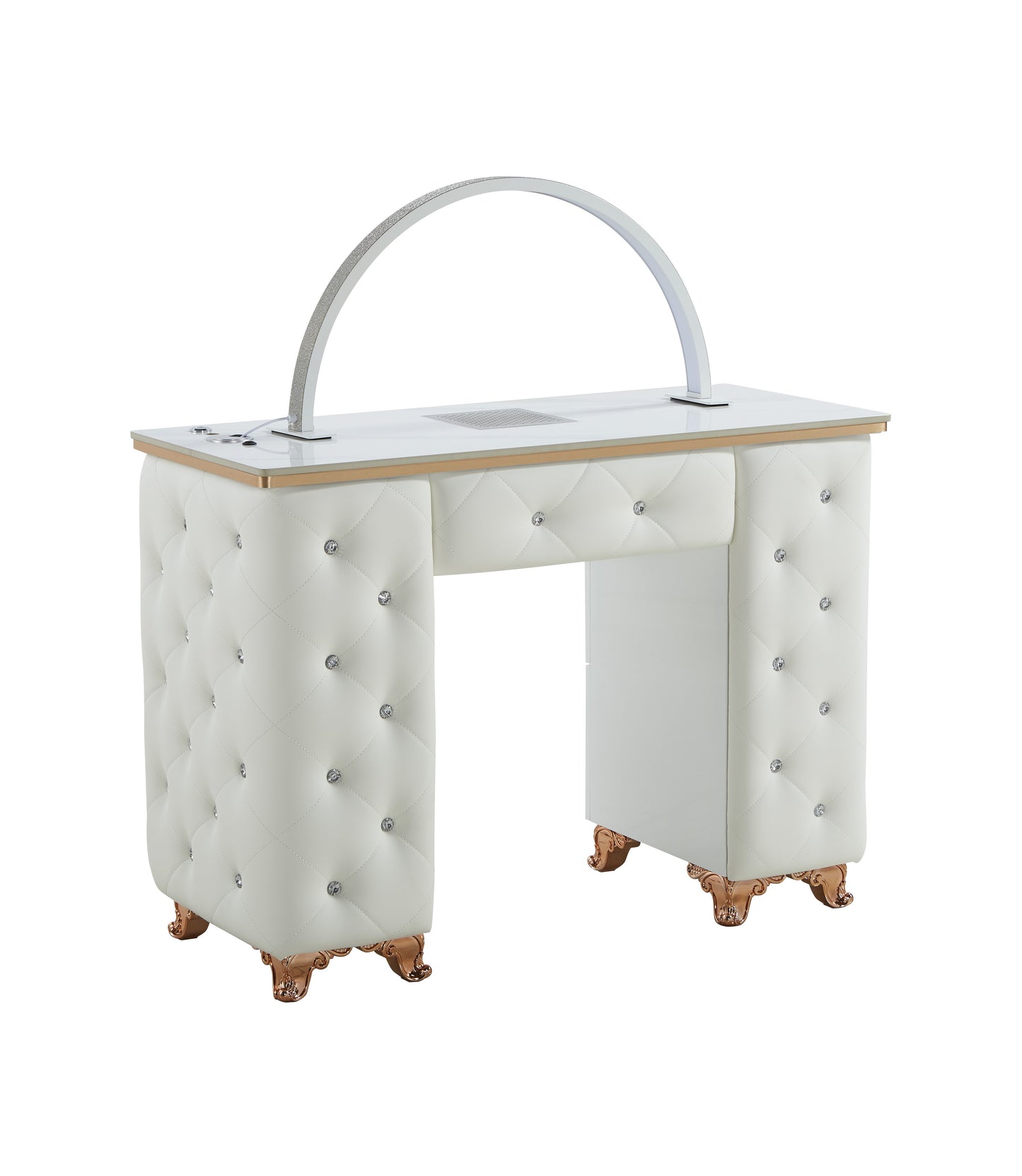 White Manicure Table Nail Station with LED lights, Ceramic Marble Top, Dust Collector