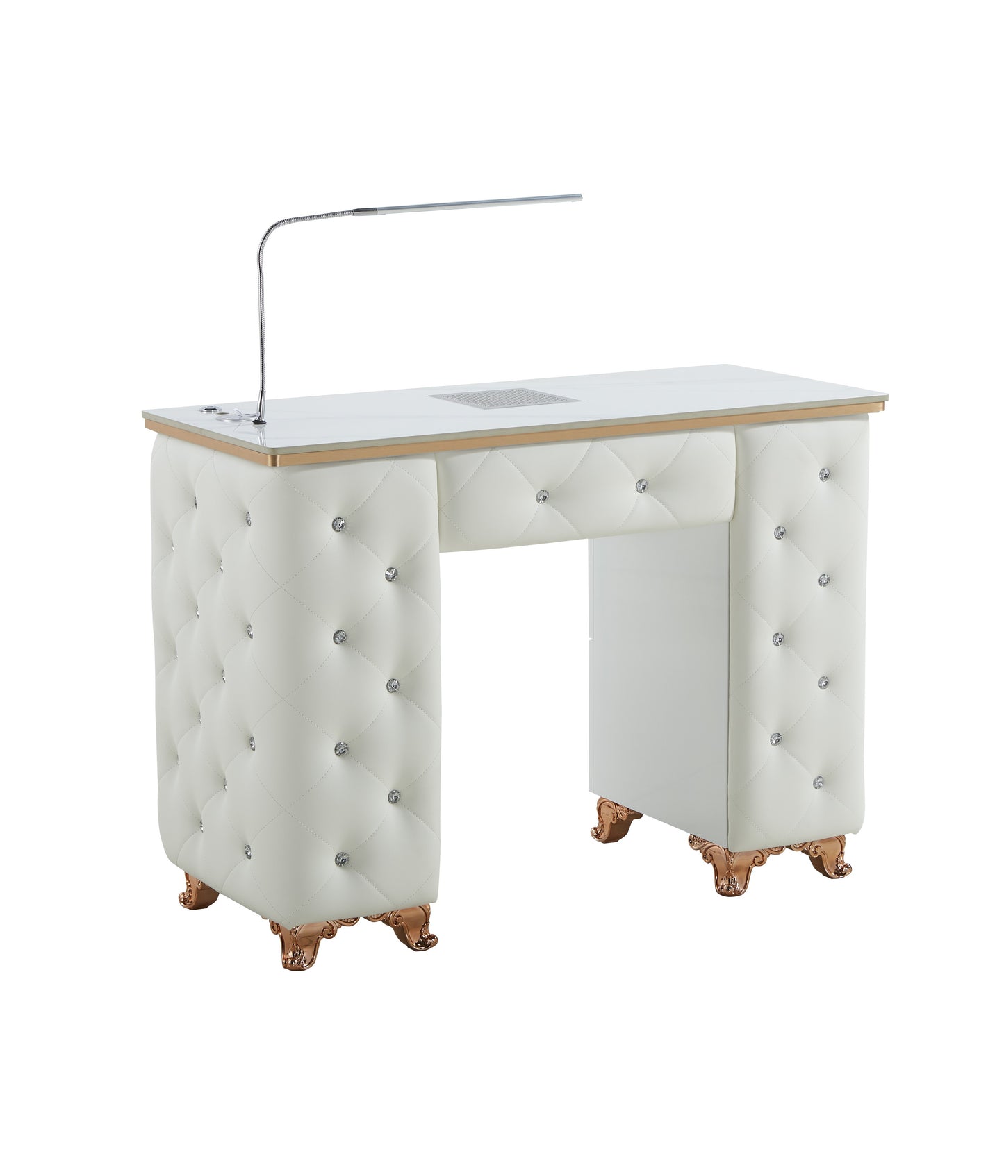 White Manicure Table Nail Station with LED lights, Ceramic Marble Top, Dust Collector
