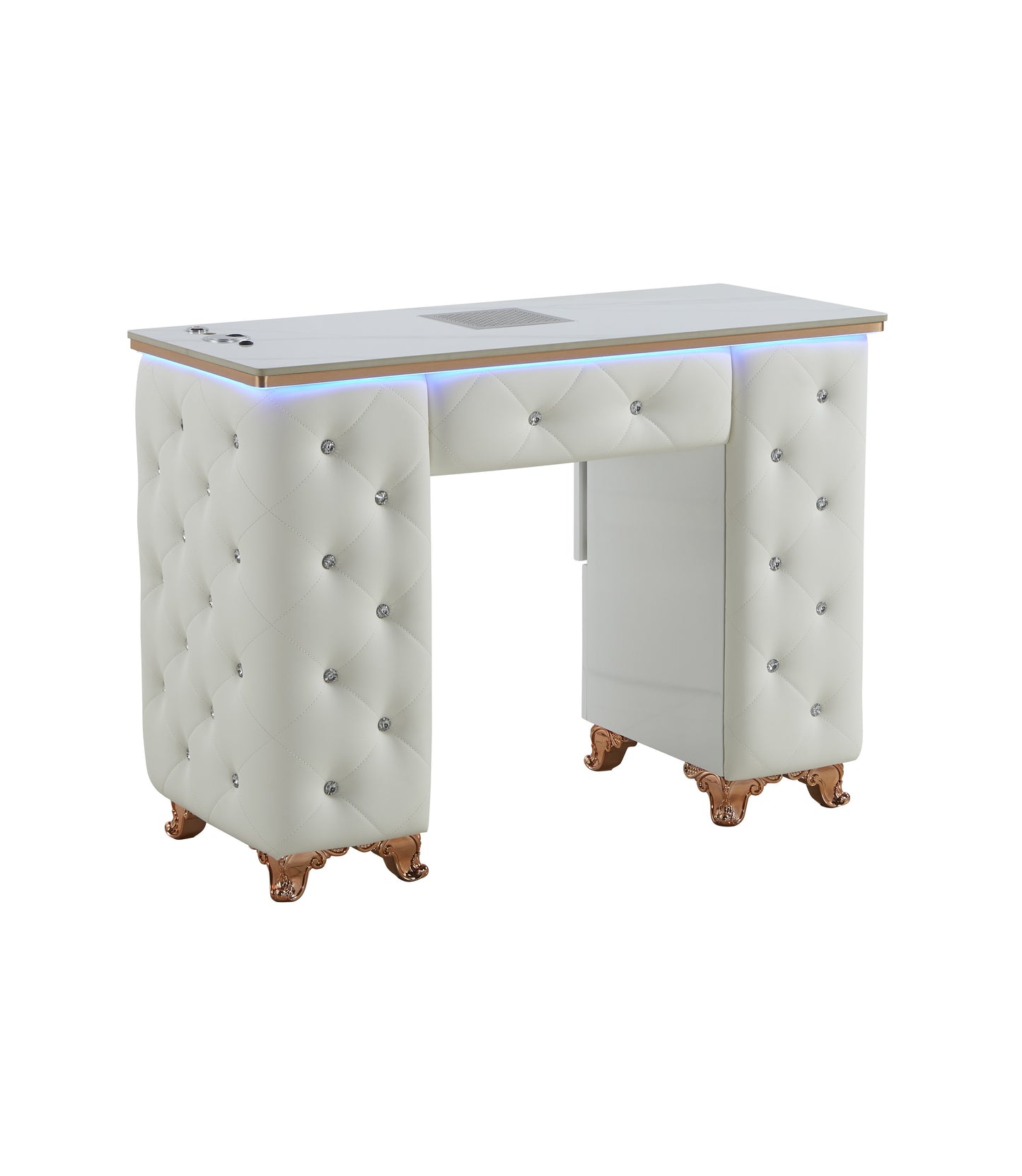 White Manicure Table Nail Station with LED lights, Ceramic Marble Top, Dust Collector