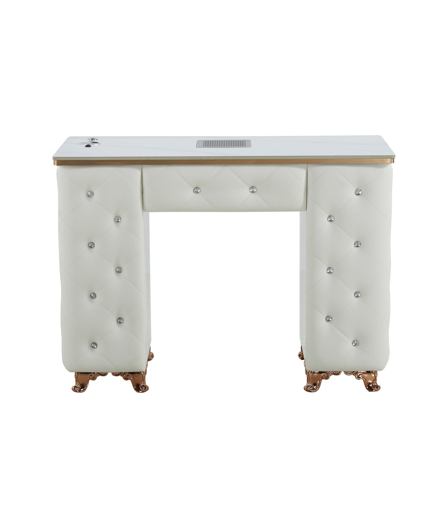 White Manicure Table Nail Station with LED lights, Ceramic Marble Top, Dust Collector