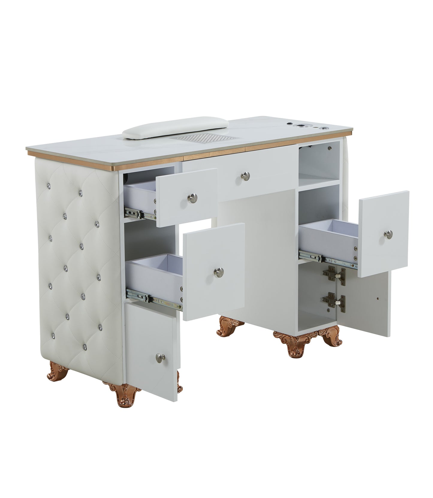 White Manicure Table Nail Station with LED lights, Ceramic Marble Top, Dust Collector