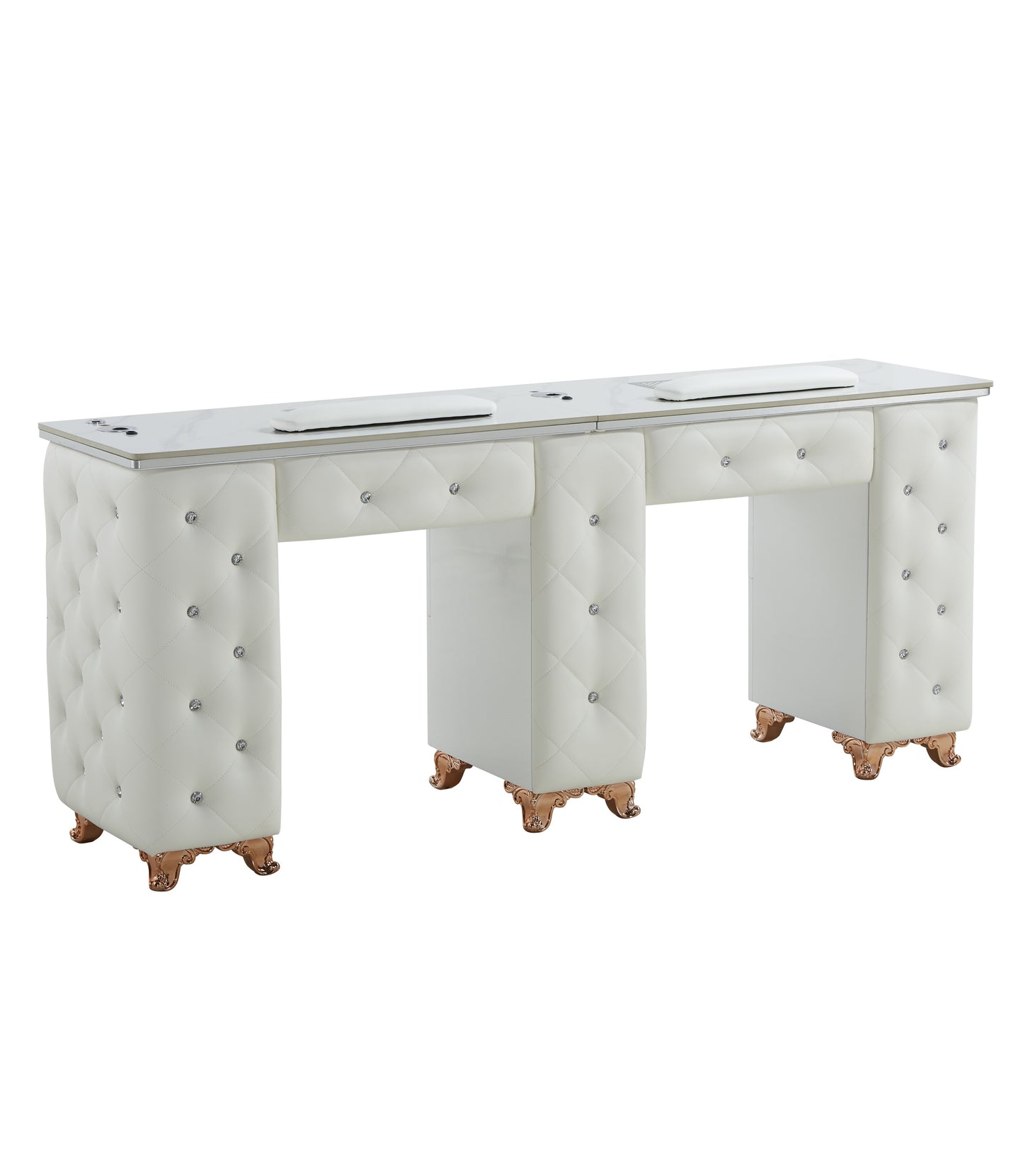 White Twin Manicure Table Nail Station with LED lights, Ceramic Marble Tops, Dust Collectors
