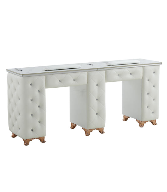 White Twin Manicure Table Nail Station with LED lights, Ceramic Marble Tops, Dust Collectors