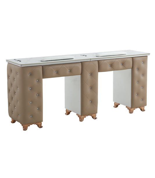 Beige Twin Manicure Table Nail Station with LED lights, Ceramic Marble Top, Dust Collector