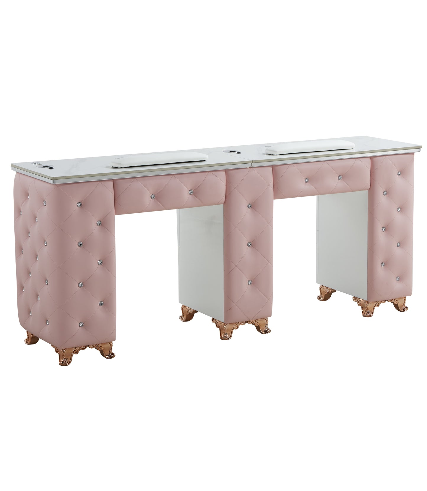 Pink Twin Manicure Table Nail Station with LED lights, Ceramic Marble Tops, Dust Collectors
