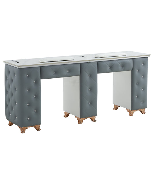 Grey Twin Manicure Table Nail Station with LED lights, Ceramic Marble Top, Dust Collector