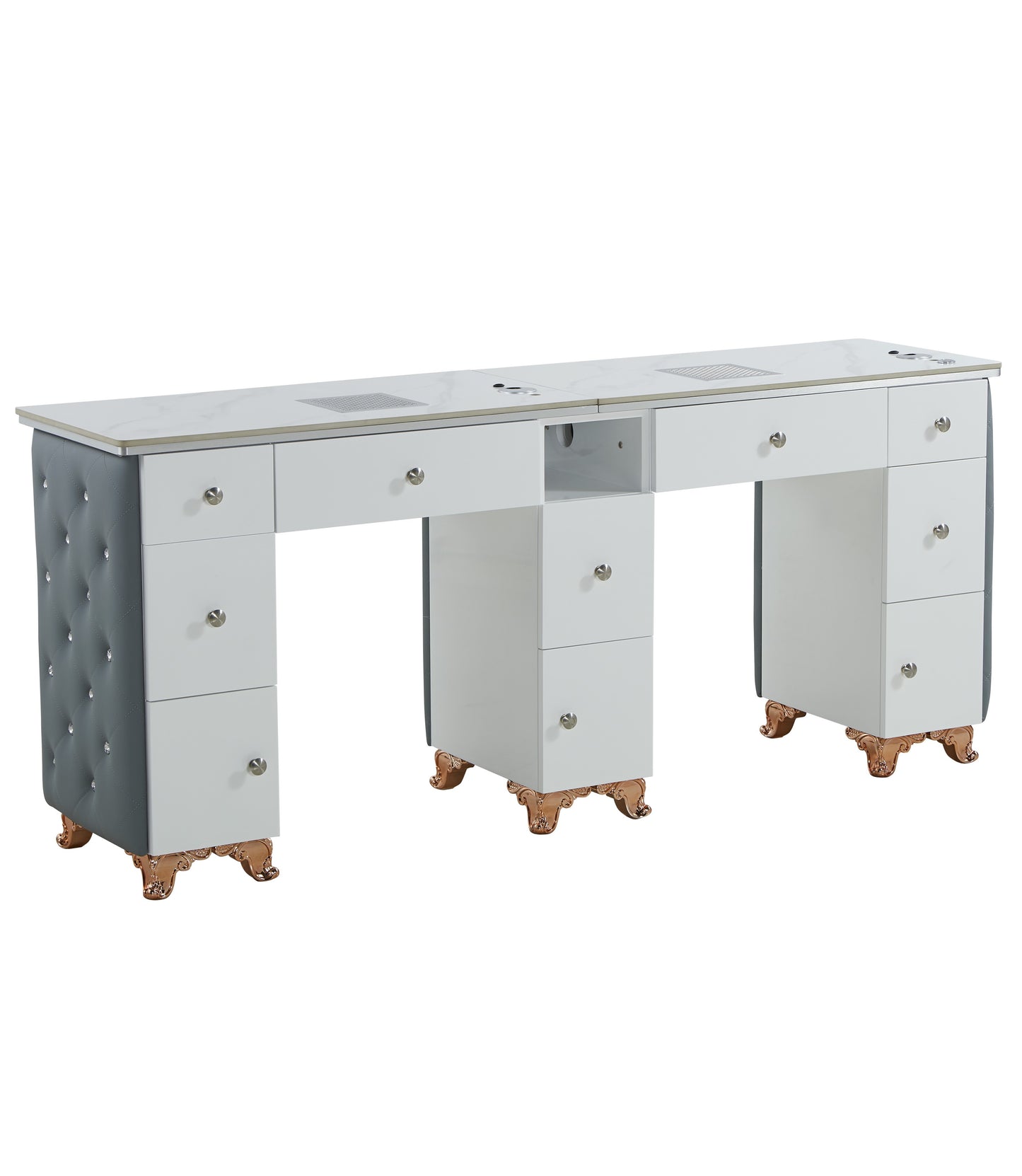 Grey Twin Manicure Table Nail Station with LED lights, Ceramic Marble Top, Dust Collector